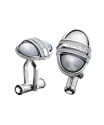 Platinum-plated oval cuff-links with white mother-of-pearl cabochon inlay
