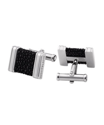 Rectangular rhodium-plated 925 sterling silver cuff links with black stingray